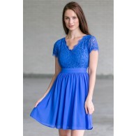 Bright Royal Blue Capleeve Dress, Blue Lace Party Dress