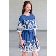 Blue and Ivory Embroidered Dress, Cute Fall Dress Online