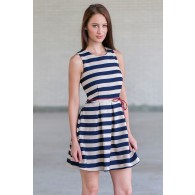 Navy and Beige Stripe Dress, Cute Summer A-Line Party Dress