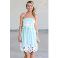 Flower Patch Embroidered Strapless Dress in Sky