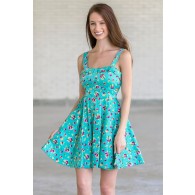 Cheerful Cranberries Teal Printed Fit and Flare Dress 