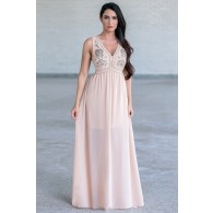 Nude Beige Beaded Embellished Prom Maxi Formal Bridesmaid Dress