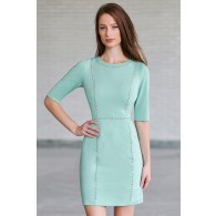 Gold Stud Embellished Sheath Dress in Green