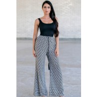 Black and White Printed Palazzo Pants, Cute Comfy Casual Pants