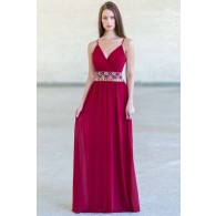 Burgundy Red Maxi Embellished Bridesmaid Dress