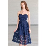 Navy Blue Lace Midi A-Line Dress