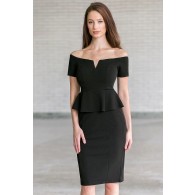 Black Off Shoulder Peplum Pencil Dress, Little Black Cocktail Dress