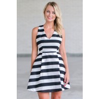 black and white stripe party dress, cute A-line dress 