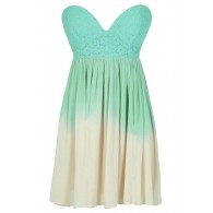 Cotton Candy Ombre Strapless Lace Bustier Dress in Green/Beige