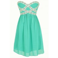 Sparkling Splendor Embellished Chiffon Designer Dress by Minuet in Teal