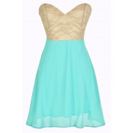 Strapless Floral Lace Bustier Dress in Jade/Taupe