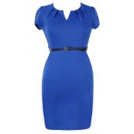 Posh and Professional Belted Pencil Dress in Blue - Plus Size