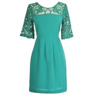Something Extra Crochet Lace Neckline Dress in Jade