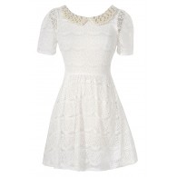 Pearl and Rhinestone Embellished Peter Pan Collar Lace Dress in Off White