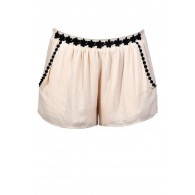 Cute Beige Shorts, Beige and Black Shorts, Beige Embroidered Shorts