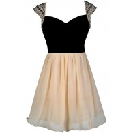 Black and Beige Beaded Shoulder Homecoming Party Dress