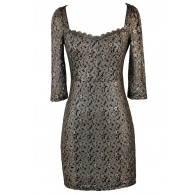 Black and Gold Lace Holiday New Years Eve Cocktail Dress