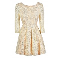 Beige Lace Dress, Beige and Peach Lace Dress, Beige Lace Three Quarter Sleeve Dress, Beige Lace A-Line Dress