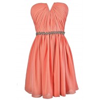 Cute Peach Dress, Peach Strapless Dress, Peach Bridesmaid Dress, Peach Party Dress, Peach Embellished Dress, Peach A-Line Dress