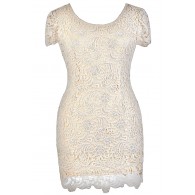 Beige Plus Size Dress, Plus Size Pencil Dress, Plus Size Lace Dress, Beige Lace Pencil Dress, Beige Plus Size Capsleeve Lace Dress