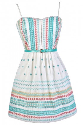 Cute Summer Dress, Cute Sundress, Embroidered Sundress, Embroidered Summer Dress, Cute Embroidered Dress, Belted Sundress, Belted Summer Dress, Coral and Aqua Embroidered Dress