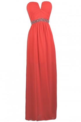 Coral V Dip maxi dress, Cute Coral Prom Dress, Coral Strapless Maxi Dress, Coral beaded Maxi Dress