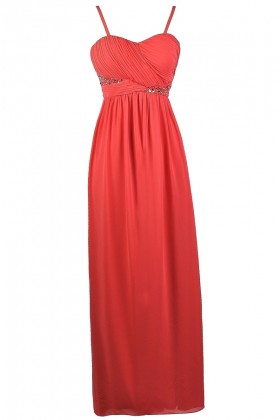 Coral Embellished Maxi Dress, Coral Prom Dress, Coral Formal Dress, Cute Coral Chiffon maxi Dress