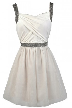 Ivory and Grey Beaded Rehearsal Dinner Dress