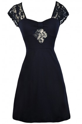 Cute Navy Dress, Navy Lace Dress, Navy Party Dress, Navy Summer Dress, Navy A-Line Summer Dress, Navy Lace Shoulder Dress