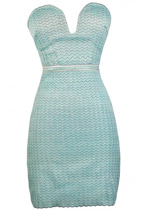 Aqua and Lime Bodycon Dress, Chevron Bodycon Dress, Plunging Neckline Bodycon Dress, Cute Party Dress