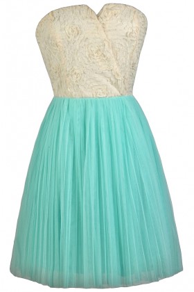 Aqua and Cream Rosette Strapless Dress, Cute Summer Dress, Aqua Bridesmaid Dress, Tulle and Rosette Bridesmaid Dress, Cute Party Dress