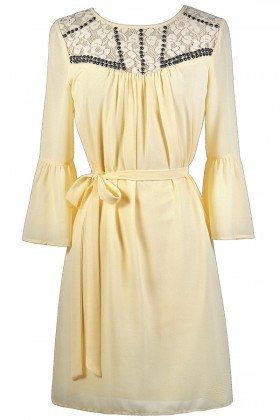 Cream Bell Sleeve Dress, Boho Hippie Dress, Embellished Stud Cream Dress, Cute Fall Dress