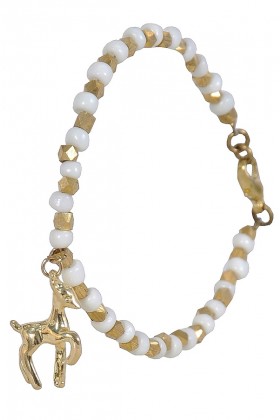 Gold Deer Charm Bracelet, Cute Jewelry, Gold and Off White Bracelet