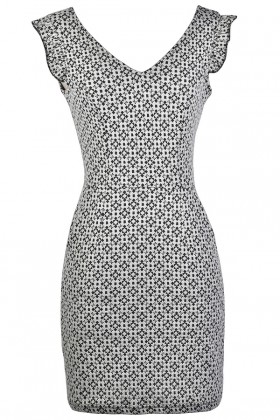 Cute Printed Dress, Black and Beige Pattern Dress, Black and Beige Sheath Dress, Cute Printed Dress