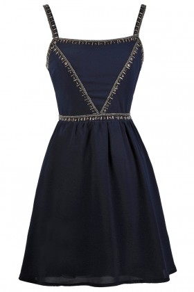 Navy Blue Beaded Embellished Cocktail Party Dress