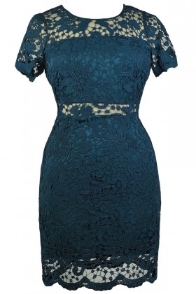 Teal Green Plus Size Lace Cocktail Dress