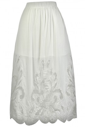 White Lasercut Midi Skirt, Cute White Skirt, Longer Length White Skirt