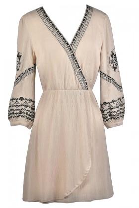 Beige and Black Embroidered Dress, Cute Summer Dress, Beige Wrap Dress