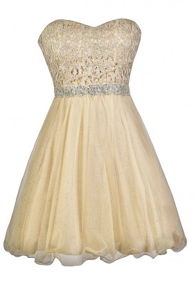 Gold Lace Embellished Holiday New Years Party Dress