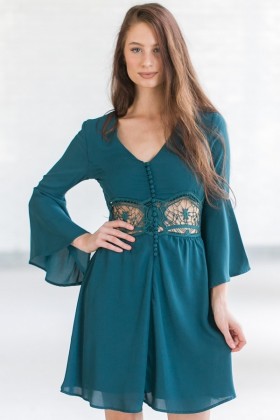 Cute Teal Green Bell Sleeve Fall Boho Festival Dress