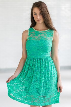 Sleeveless A-Line Lace Overlay Dress in Bright Green