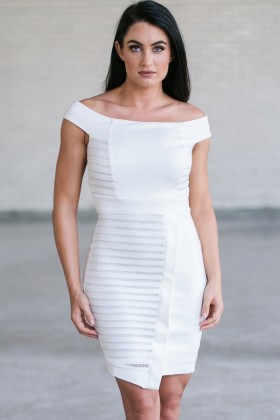 Ivory Off Shoulder Bodycon Dress, Cute Ivory Pencil Dress, Asymmetrical Hemline Dress