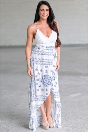 Cute Navy and White Printed Lace Maxi Dress, Cute Summer Maxi Dress, Blue and White Online Boutique Dress