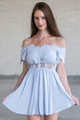 Cute Pale Blue Off Shoulder Romper, Online Boutique Baby Blue Romper, Cute Summer Romper