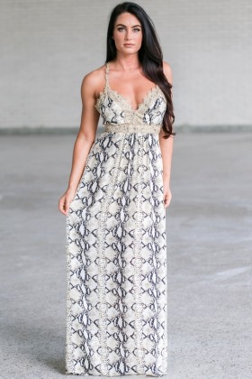 Cute Snakeskin Maxi Dress, Animal Print Maxi Dress, Navy and Gold Printed Maxi