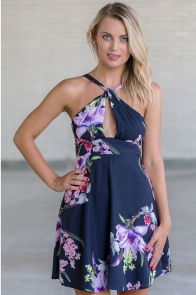 Navy Blue Floral Print Sundress, Cute Summer Dress, Online Boutique Navy Dress