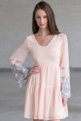 Angelic Hippie Embroidered Bell Sleeve Dress in Baby Peach