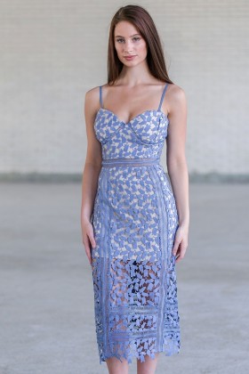 Sky Blue Crochet Lace Pencil Dress, Cute Blue Lace Cocktail Dress, Blue Lace Summer Dress Online