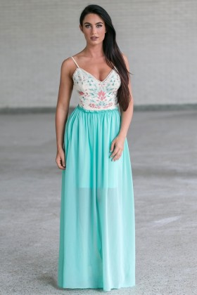 Mint Embroidered Open Back Maxi Dress, Cute Juniors Summer Dress