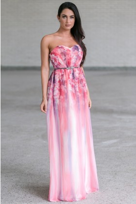 Pink Floral Print Maxi Dress, Watercolor Prom Dress